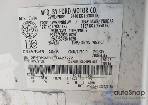 2014 Ford Edge Sel z USA, uszkodzony, nr VIN 2FMDK3JC2EBA27272